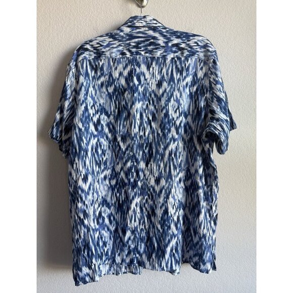 Tasso Elba Men Large Blue Utata Ikat Tie Dye Button Up Linen Short Sleeve Shirt - Picture 12 of 12